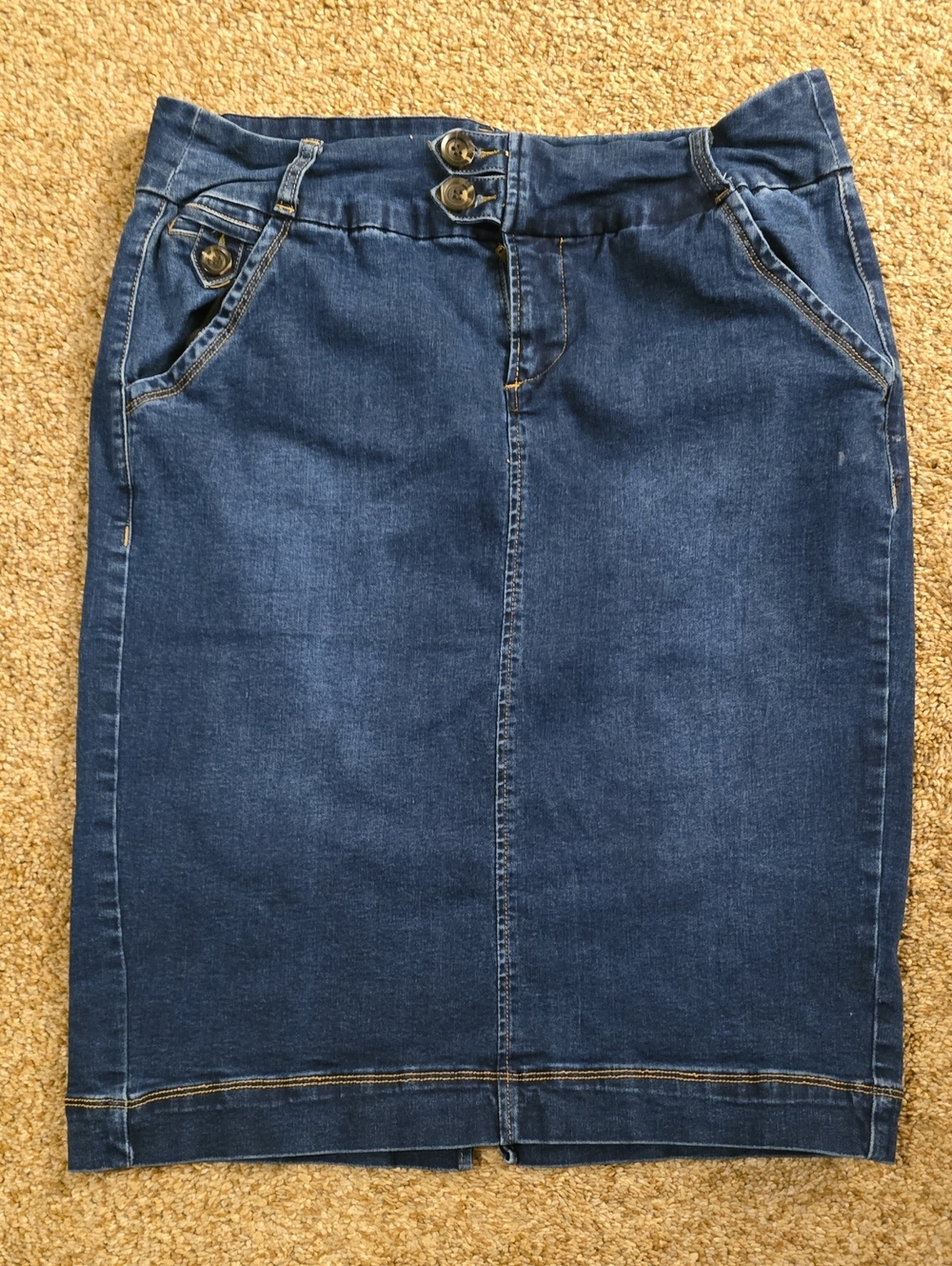 one 5 one Deep Blue Denim Midi Skirt with Double Button Waist